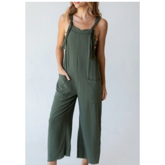 Natural Life Carly olive drab green overalls jumpsuit women M Linen Blend B18 - Picture 1 of 9